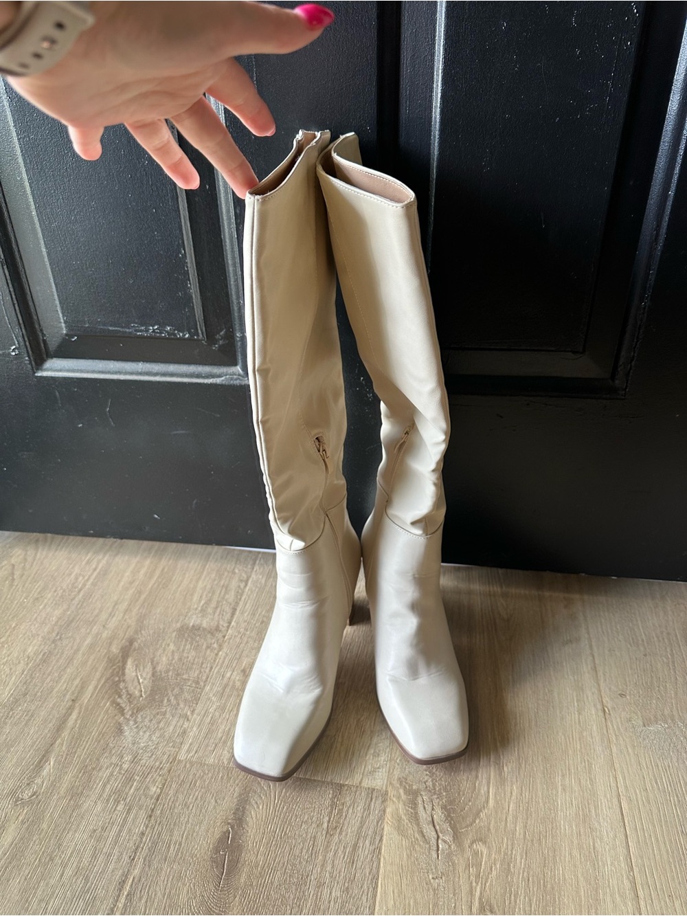Tall Cream Knee-High Heeled Boots with Square Toe